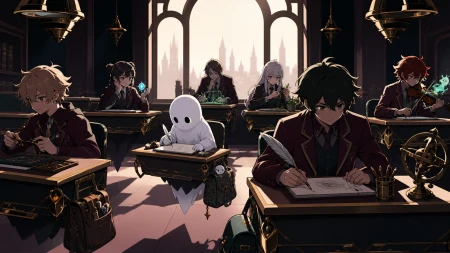 A chibi ghost attending lessons through a desk designed for floating, during a cooperative exam that rewards kindness and creativity. Classroom-wide ensemble with every student's a