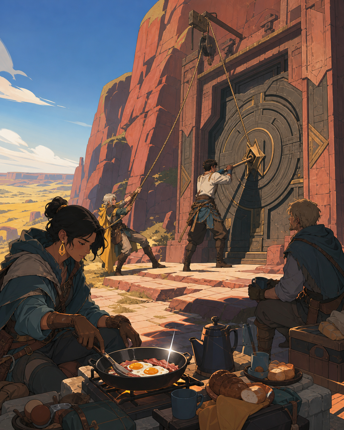 An adult adventuring party cooking breakfast outside a sealed ancient vault, solving an environmental obstacle through teamwork rather than combat. Wide party tableau that makes the environment feel explorable. Clay red,