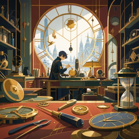 A clock repair shop specializing in broken moments rather than machines, after hours when unfinished creations quietly become active. Close observational composition layered with t