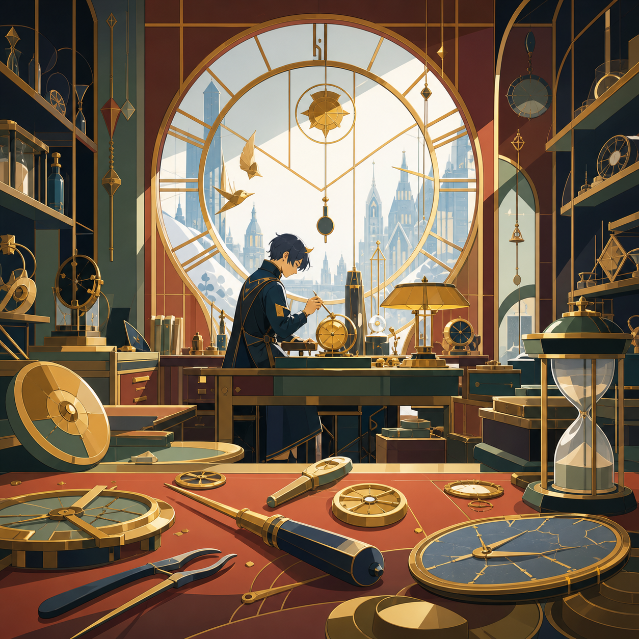 A clock repair shop specializing in broken moments rather than machines, after hours when unfinished creations quietly become active. Close observational composition layered with tools in foreground and active work behin