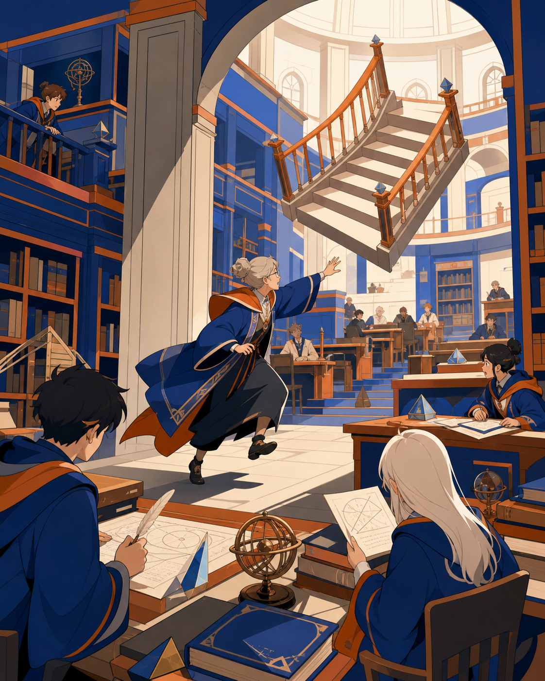 A university librarian chasing a misplaced staircase through the archives, during an ordinary lesson complicated by one unexpected result. Library perspective following a visual trail through several study zones. Cobalt,