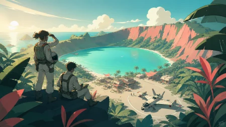 Two survey pilots landing beside a turquoise crater lake, during careful exploration centered on observation rather than conquest. Elevated coastal composition balancing settlement