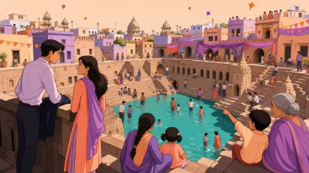 Families cooling off around an ancient stepwell during a hot afternoon, as a neighborhood celebration takes over streets and rooftops. Train-car interior with many compact human st