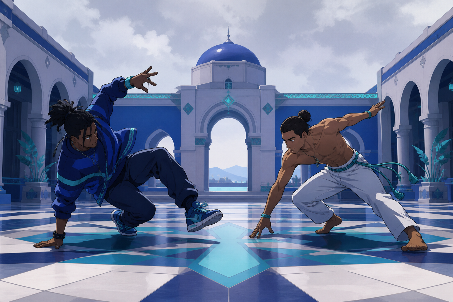 A street dancer and a capoeira fighter improvising a friendly duel, as one fighter changes strategy after recognizing an old lesson. Symmetrical pre-duel composition broken by one sudden gesture. Ultramarine, bioluminesc