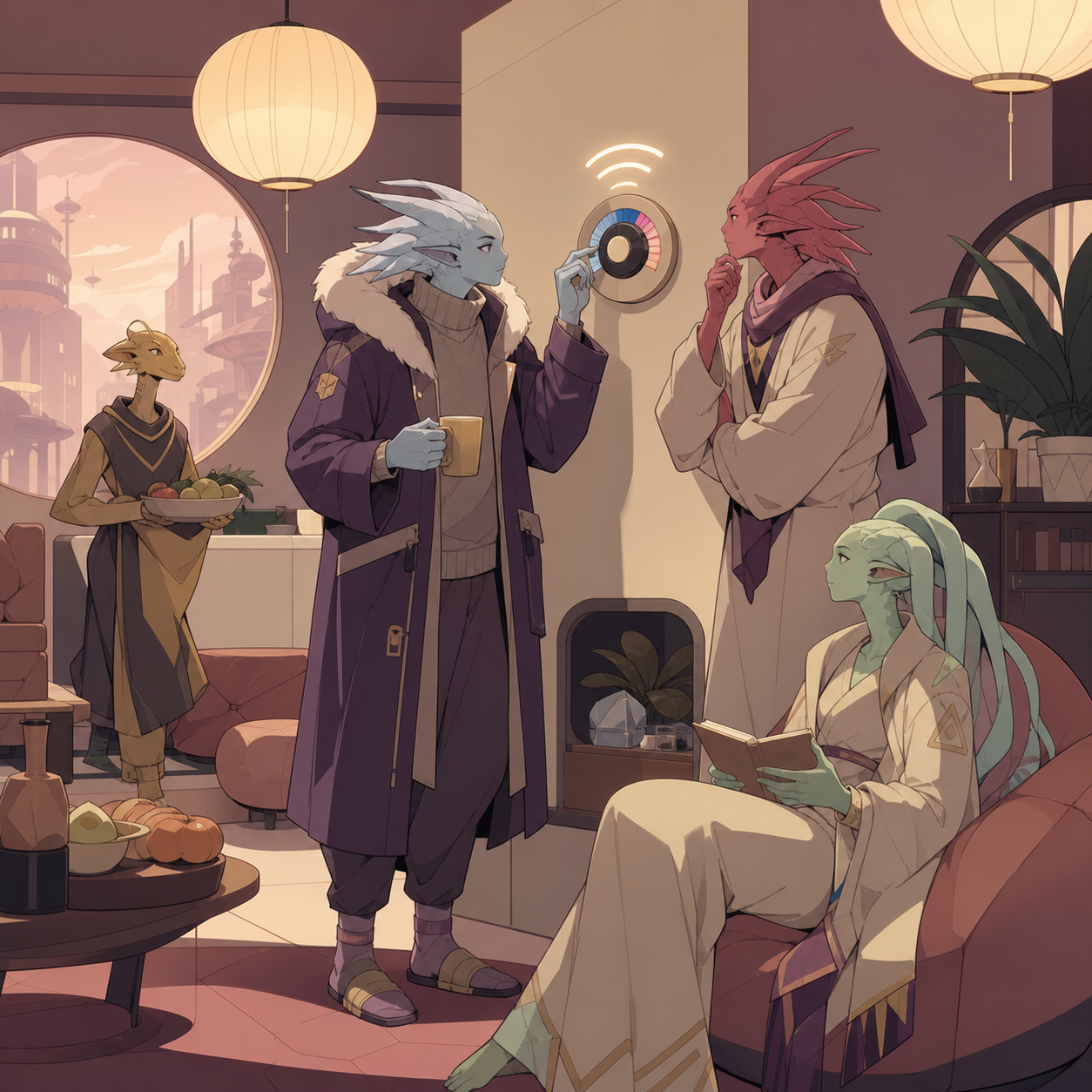 Roommates from incompatible climates negotiating an apartment thermostat, during a relatable ordinary problem in an unfamiliar society. Wide social composition showing several adaptations in one space. Muted rose, parchm