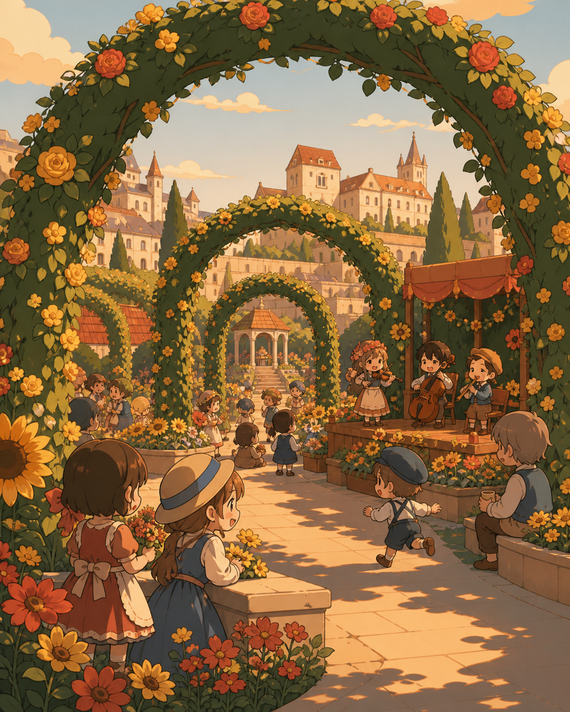 A palace garden where trees are trained into walkable arches, during a celebration that uses the landscape itself as the stage. Wide designed-landscape view with a clear path through several garden rooms. Clay red, sage,
