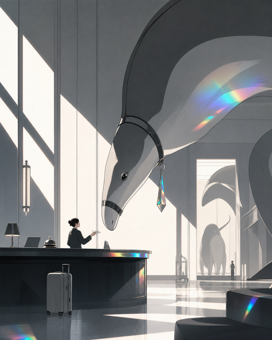 A hotel desk clerk helping a traveler who arrived several decades early, centered on an ordinary task made memorable by the unusual setting. Wide quiet interior with one worker clearly anchoring the scale. Monochrome gra