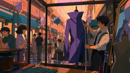 A tailor fitting an impossible coat in a crowded underground arcade, during a humid summer evening alive with ordinary neighborhood activity. Cinematic wide shot composed through w