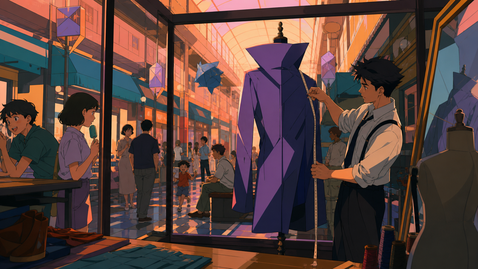 A tailor fitting an impossible coat in a crowded underground arcade, during a humid summer evening alive with ordinary neighborhood activity. Cinematic wide shot composed through windows, signs without readable text, and