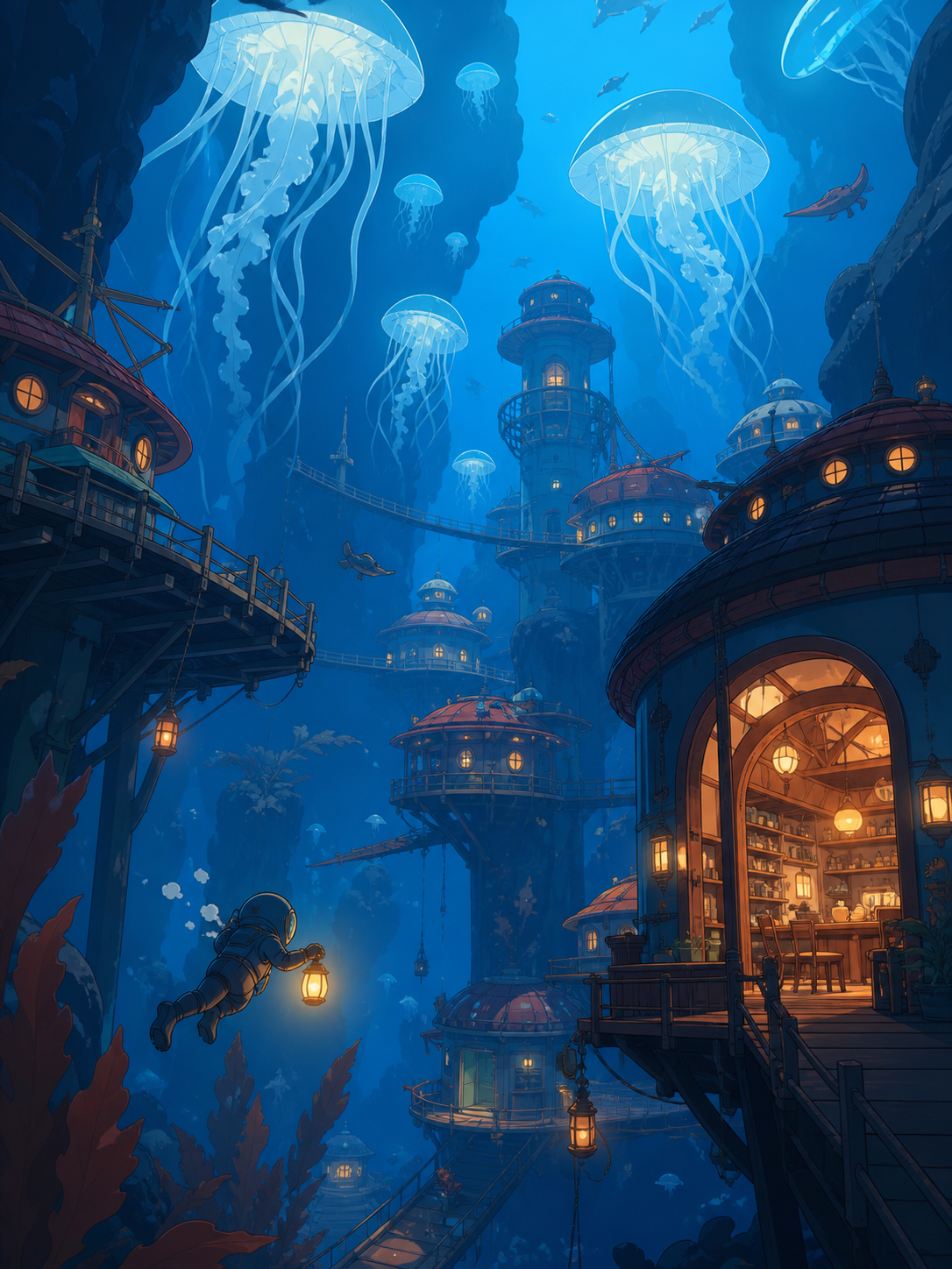 A research village suspended beneath a field of glowing jellyfish, explored by a single tiny diver with a warm lantern. Wide underwater vista with light guiding the eye through multiple depths. Pine black, snow blue, ced