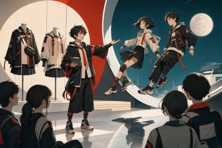 A teenage designer presenting school uniforms adapted for low gravity, at a bold editorial moment grounded by natural human expression. Full-body fashion narrative with environment