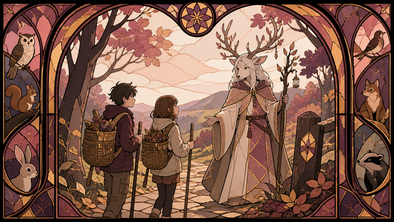 Teen hikers guided home by a polite antlered forest spirit, as the forest community prepares for a seasonal change. Eye-level storybook frame centered on the unlikely friendship. Muted rose, parchment, muted plum, and an