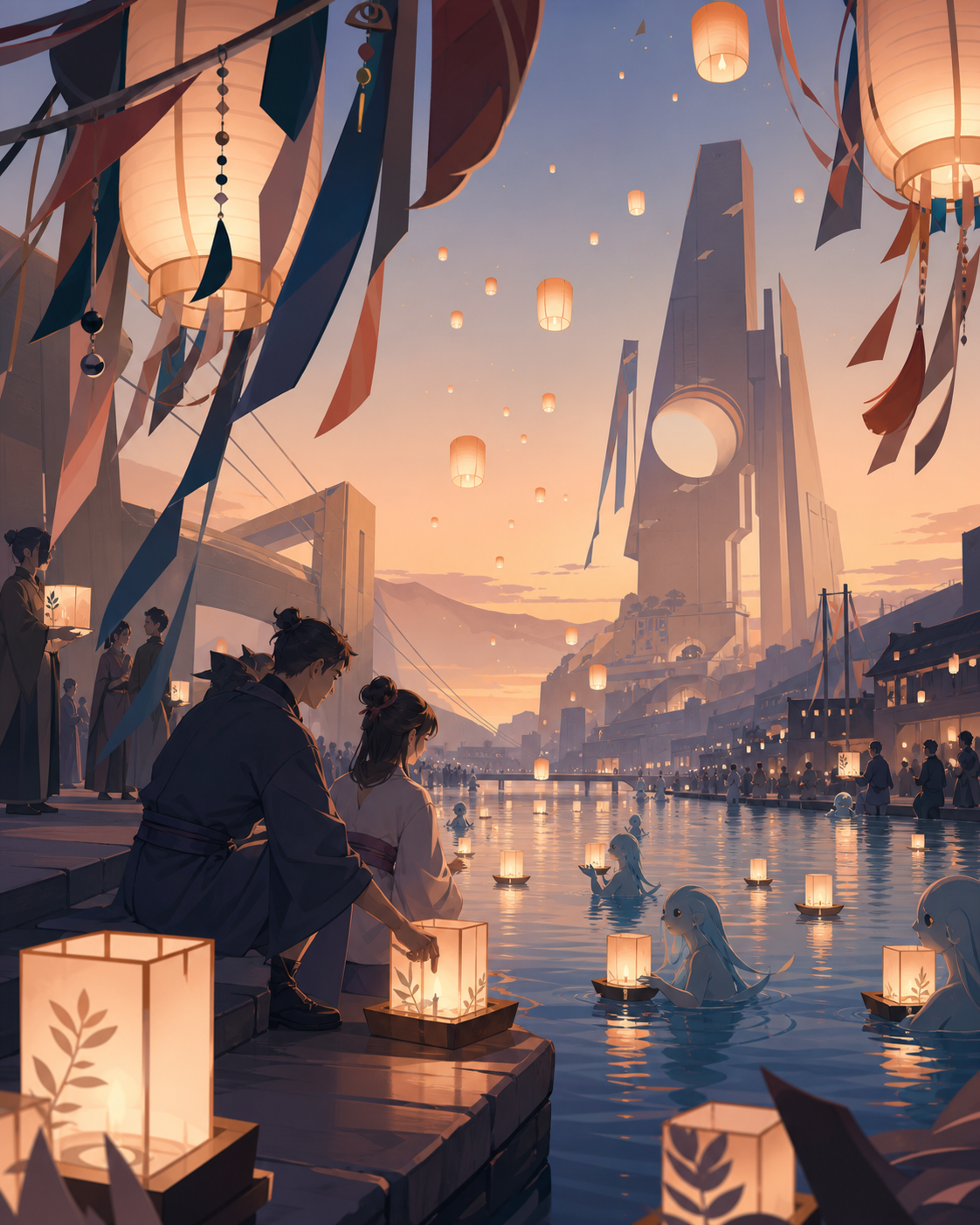 A river lantern festival attended by humans and shy water spirits, during the final hour when decorations begin drifting into the sky. Layered festival tableau framed by decorations close to the viewer. Sun-bleached peac