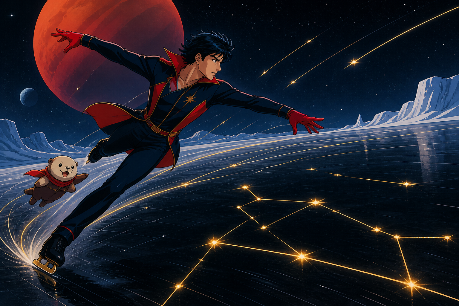 An adult figure skater tracing luminous constellations across black ice, during a decisive final stretch with the environment amplifying the speed. Bold diagonal action composition with ample space ahead of the movement.