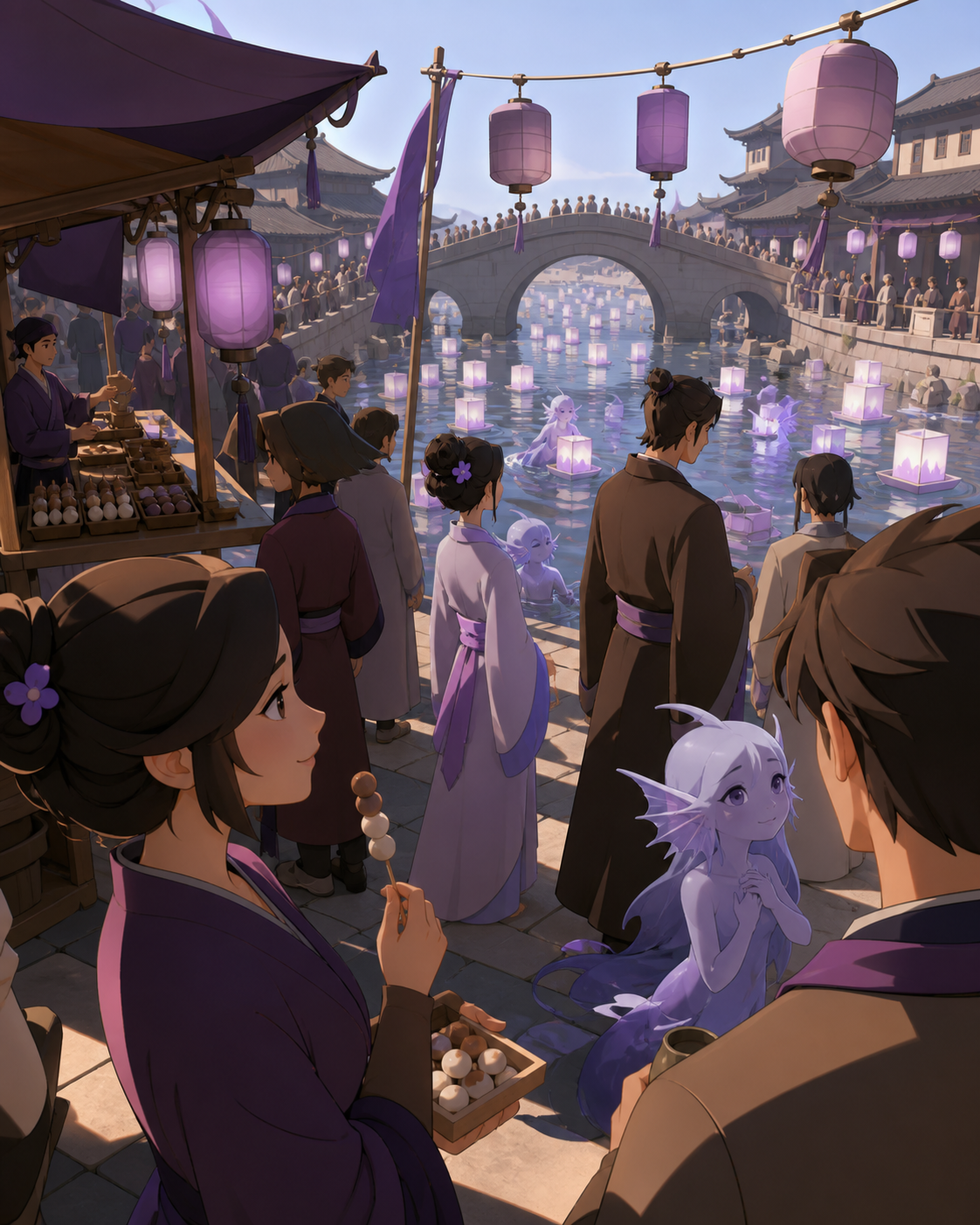 A river lantern festival attended by humans and shy water spirits, from an unusual vantage point within the crowd rather than above it. Immersive crowd-level panorama with clear focal lighting. Mulberry, tea brown, tarni