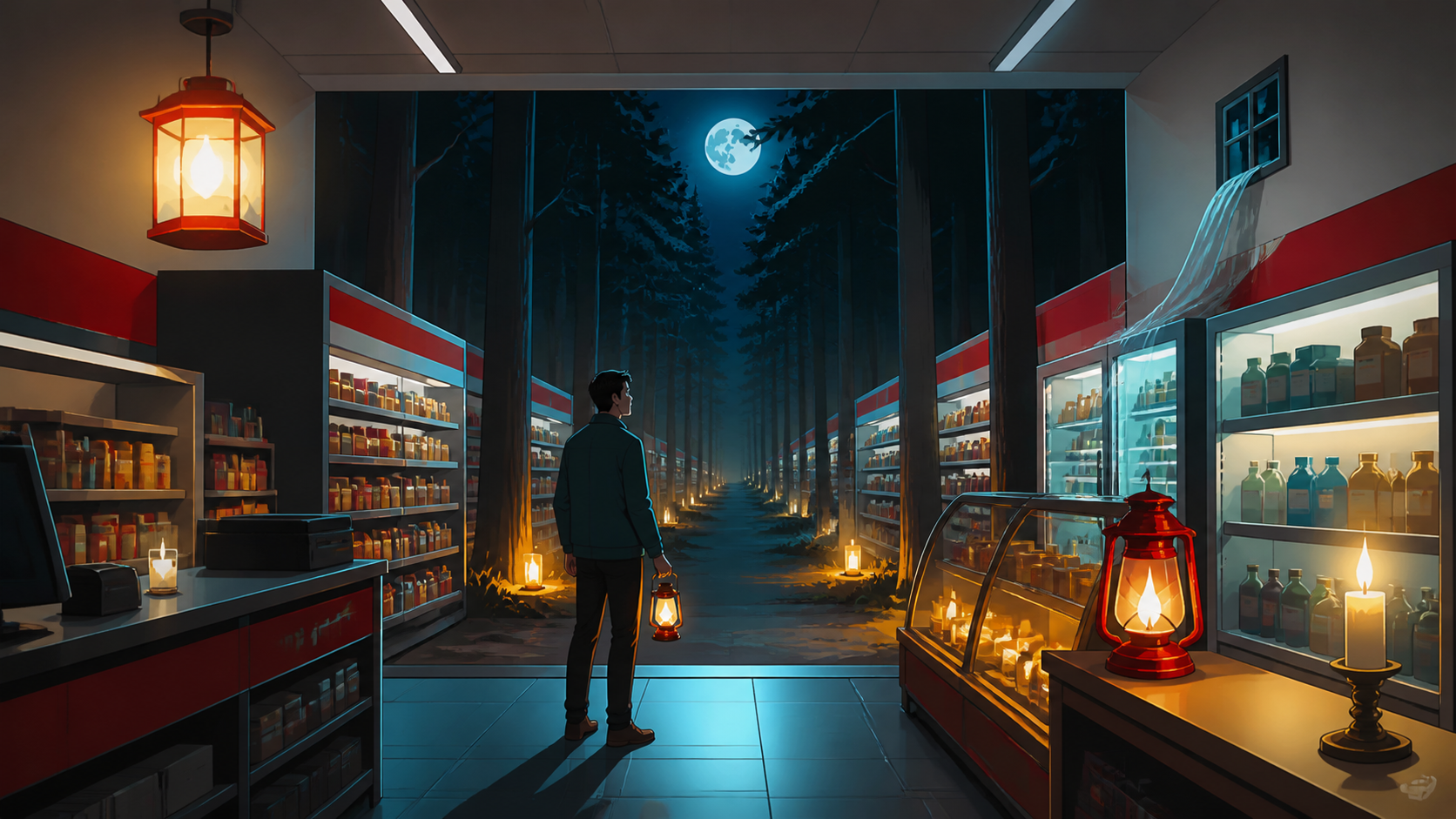 A late-night convenience store whose aisles extend into a moonlit forest, explored by one cautious adult carrying a weak practical light. Still symmetrical frame disturbed by one small impossible detail. Pine black, snow