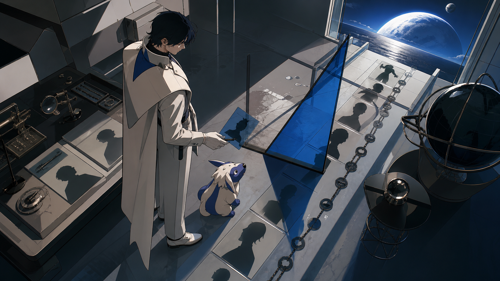 A forensic magician cataloging shadows that belong to missing people, inside a precise but surreal investigation scene with no violence shown. Graphic high-angle investigation tableau with clues forming a visual path. So