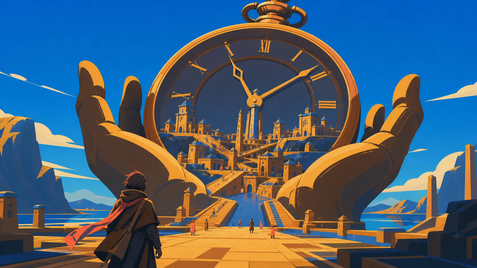 A city built in the still space between the hands of a giant stopped clock, during clear daylight that makes the scale easy to understand. Ground-level traveler view making the landmark fill most of the distance. Amber, 