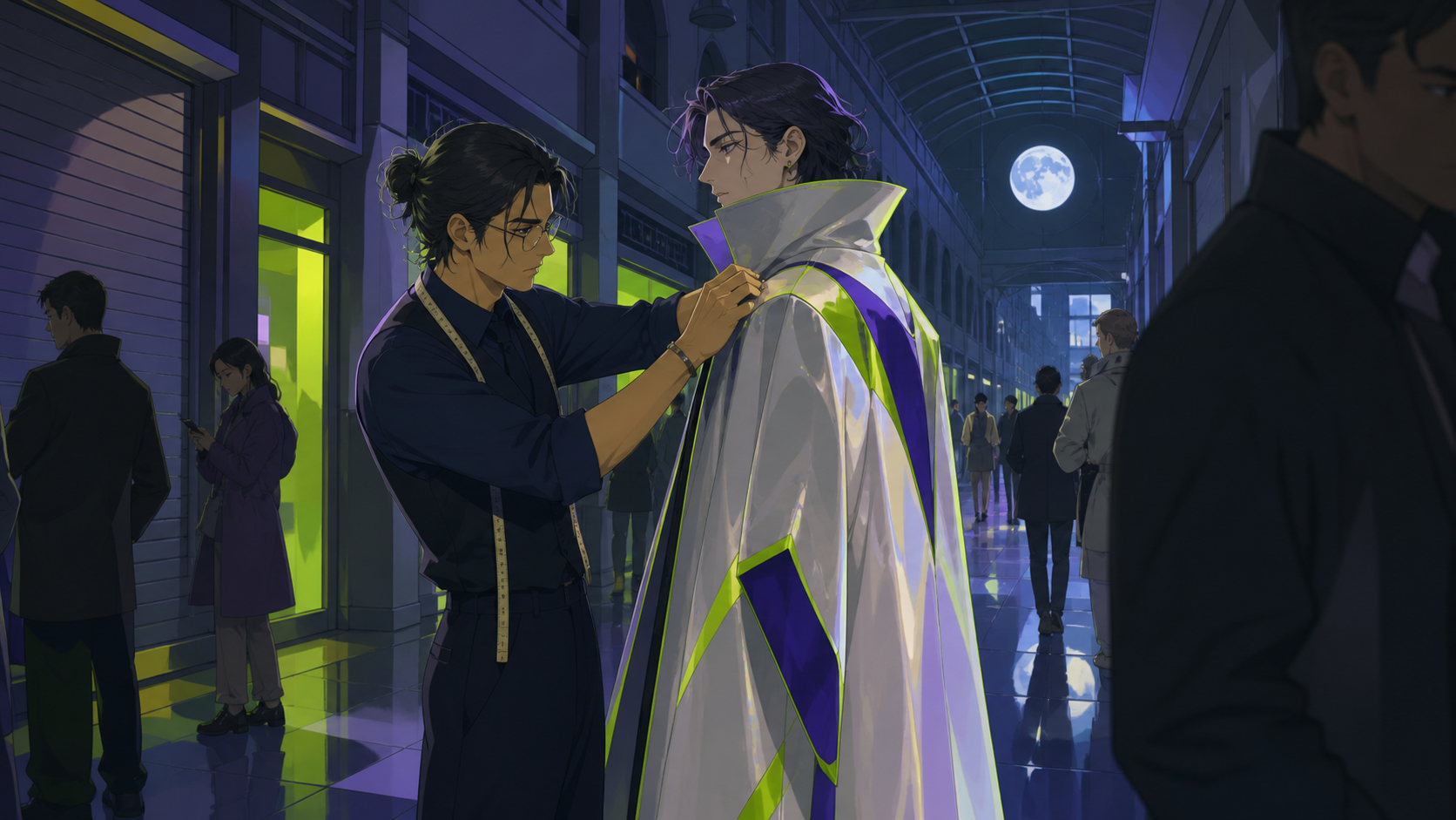 A tailor fitting an impossible coat in a crowded underground arcade, during a quiet weekday hour when the city briefly feels private. Observational street-level frame with foreground movement and a clear focal story. Aci