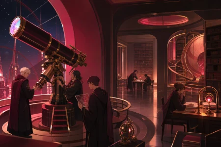 Adult astronomy students calibrating a telescope that observes possible futures, during an ordinary lesson complicated by one unexpected result. Library perspective following a vis