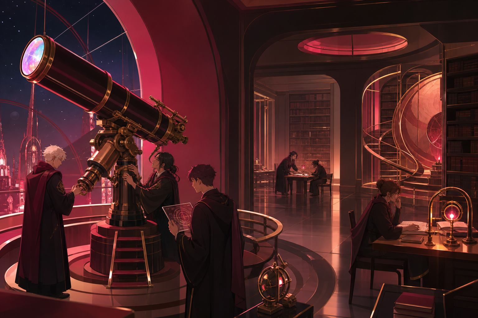 Adult astronomy students calibrating a telescope that observes possible futures, during an ordinary lesson complicated by one unexpected result. Library perspective following a visual trail through several study zones. C