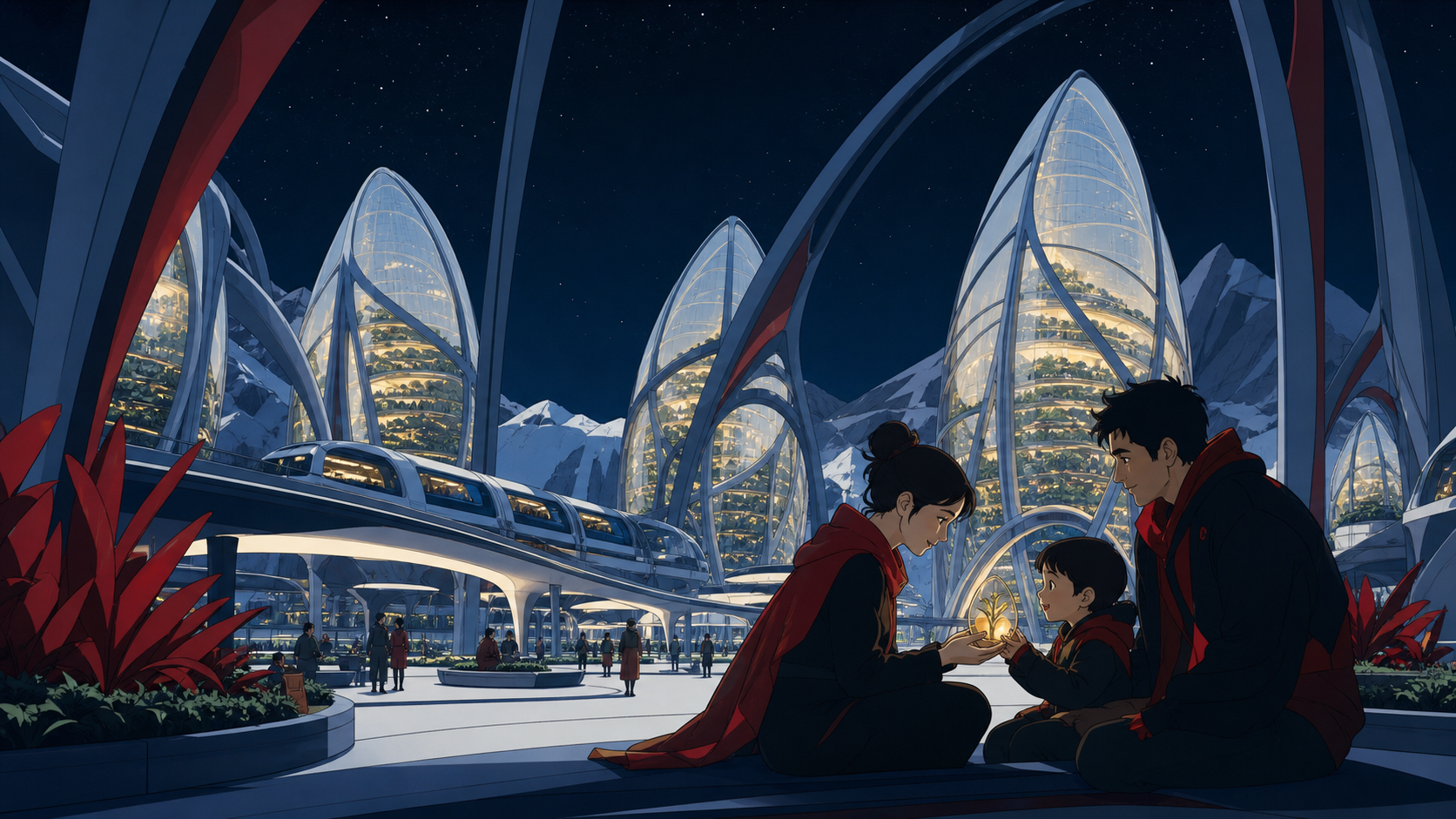 A city grown around enormous translucent seed-shaped towers, during normal public life with biological technology clearly serving people. Wide city panorama balanced by one family interaction in the foreground. Pine blac