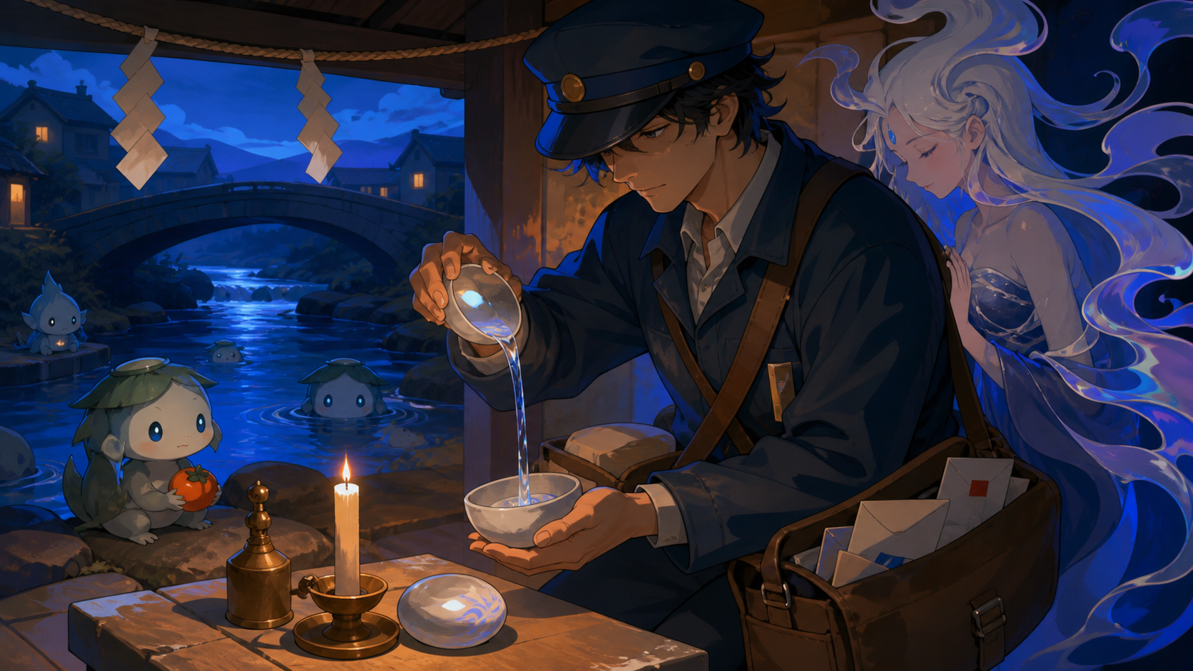 A river deity disguised as a tired rural mail carrier, performing a small ritual whose meaning is revealed through objects. Storybook narrative scene with a clear beginning and implied aftermath. Cobalt, persimmon orange