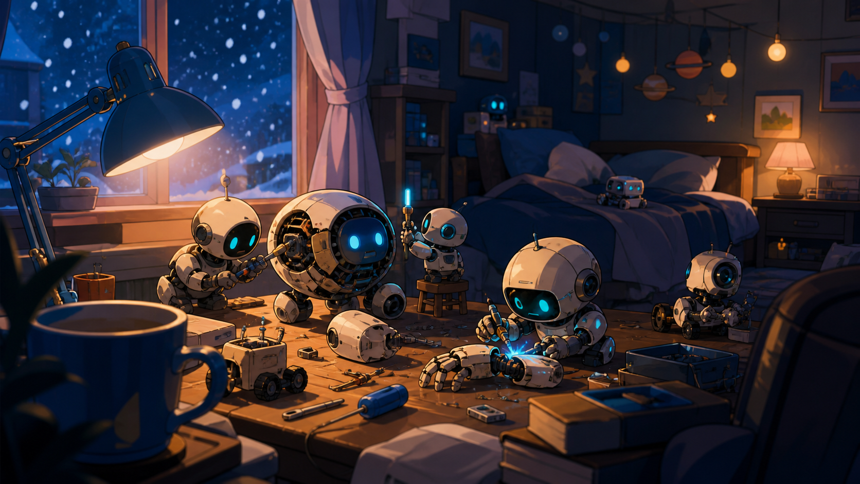 A cluttered bedroom workshop where miniature robots repair one another, on the first snowy night of the year. Cozy eye-level view with foreground objects framing the scene. Ultramarine, bioluminescent turquoise, pearl, a