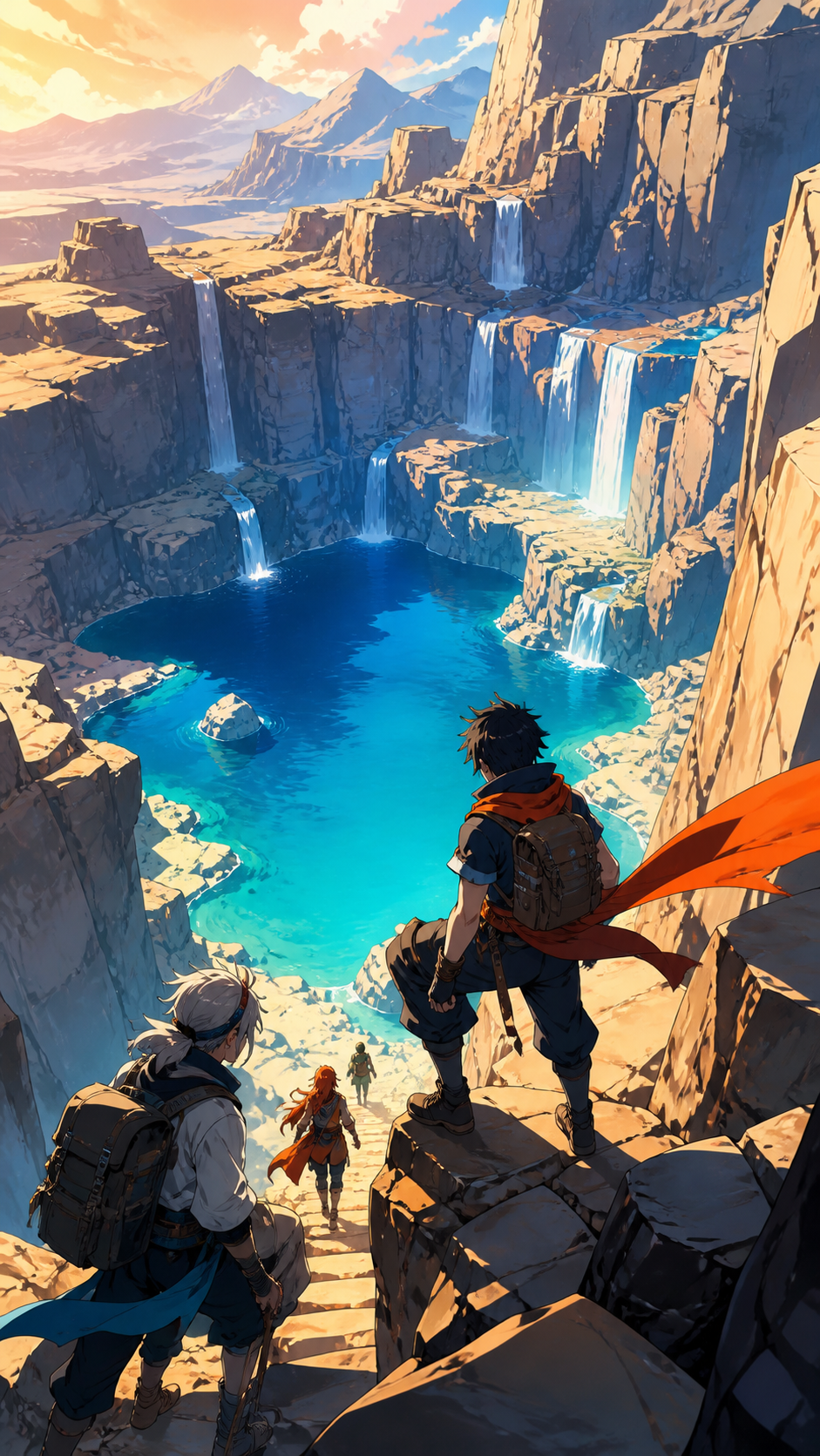 Climbers discovering a warm blue lake inside a high stone basin, at the moment the travelers first see the place they sought. Elevated route composition connecting several altitude levels. Sun-bleached peach, desert ochr