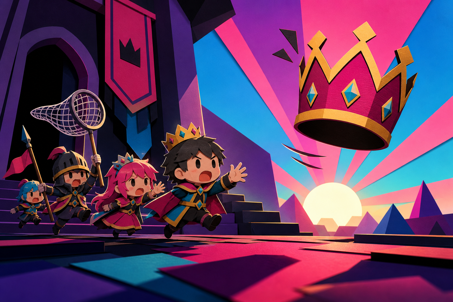 A tiny royal court attempting to catch a runaway crown, after reaching the goal and discovering it was misunderstood. Low heroic angle that humorously exaggerates the tiny characters. Saturated magenta, electric cyan, de