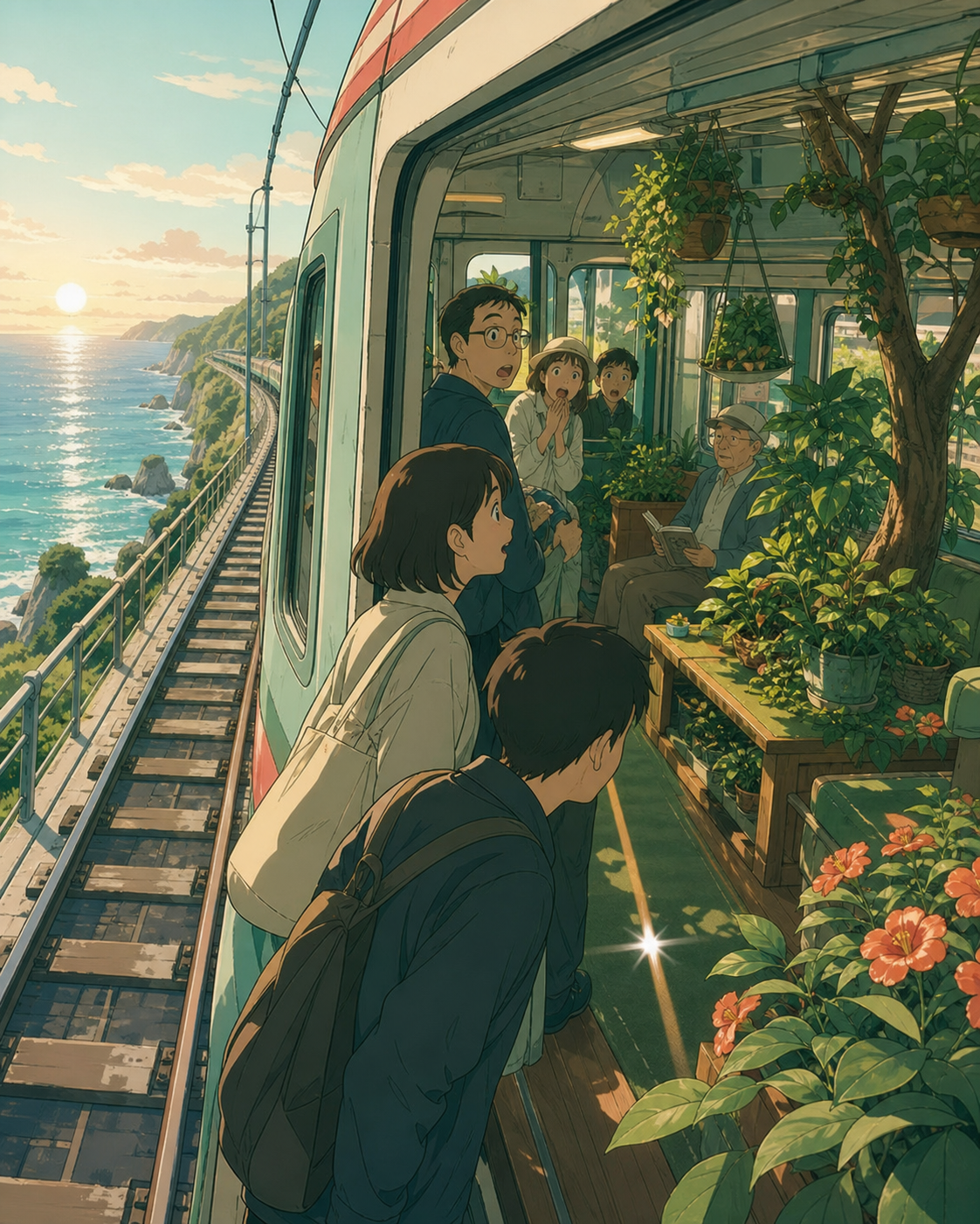 Commuters discovering that one carriage has become a quiet garden, between stations as the passing landscape becomes the main story. Exterior travel vista following the railway through varied terrain. Sea-glass green, fa