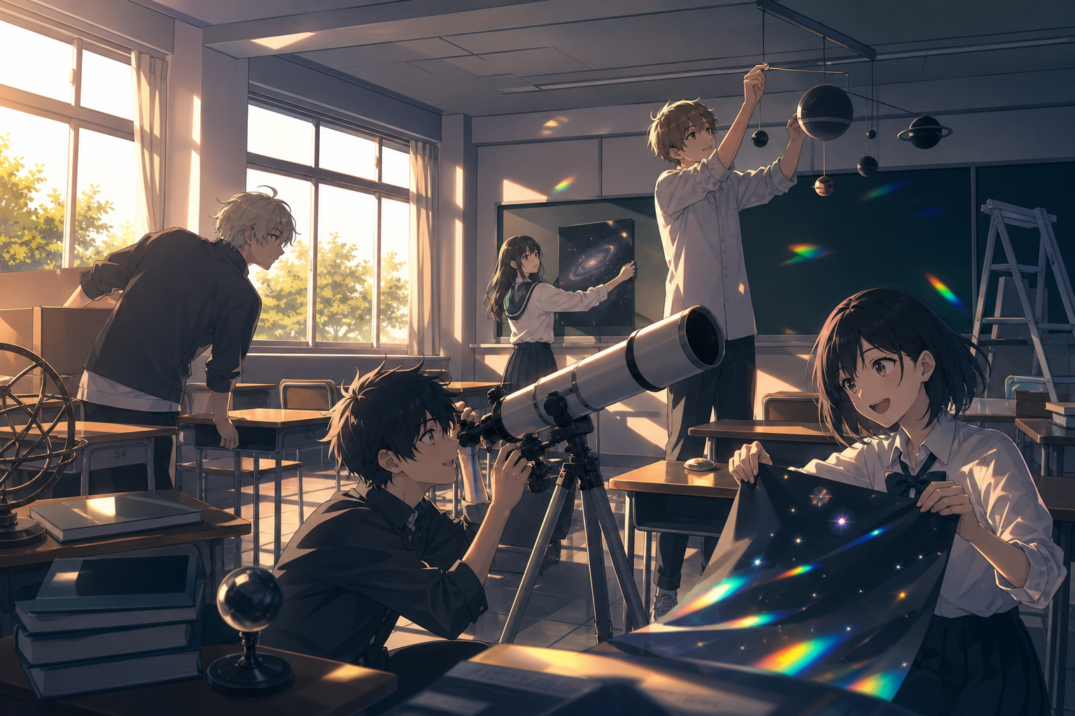 Teenagers turning an unused classroom into a tiny astronomy club, after classes when long sunlight fills otherwise empty corridors. Sunlit classroom composition with desks creating calm geometric rhythm. Monochrome graph