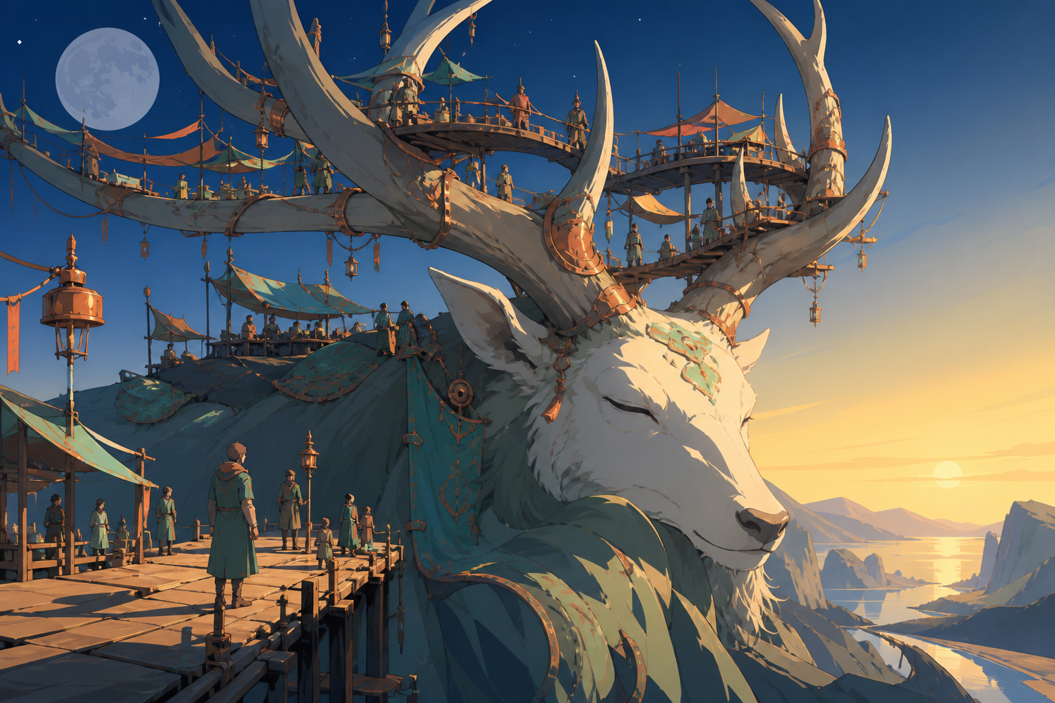 A moonlit market built across the antlers of a sleeping forest god, seen during the first morning after a century-long winter. Epic establishing shot with a clear visual path into the world. Moonlit indigo, oxidized copp