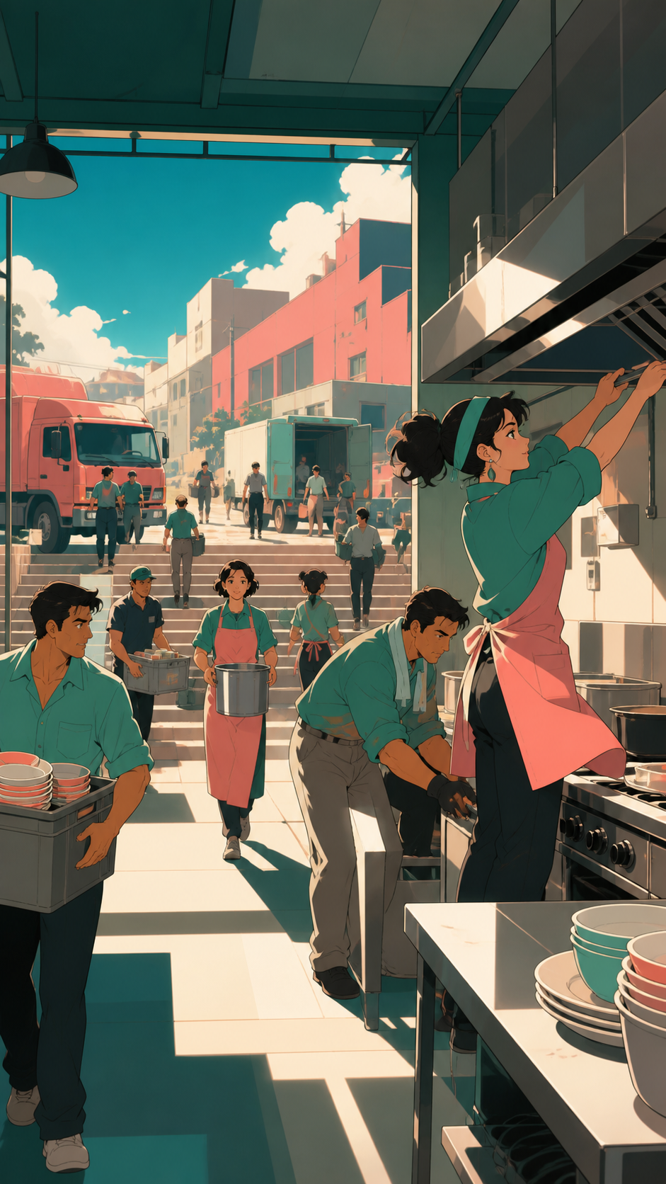 Adult volunteers reopening a community kitchen after the city briefly lost gravity, during the steady practical work after the immediate danger has passed. Wide operational scene with a clear route from danger toward saf