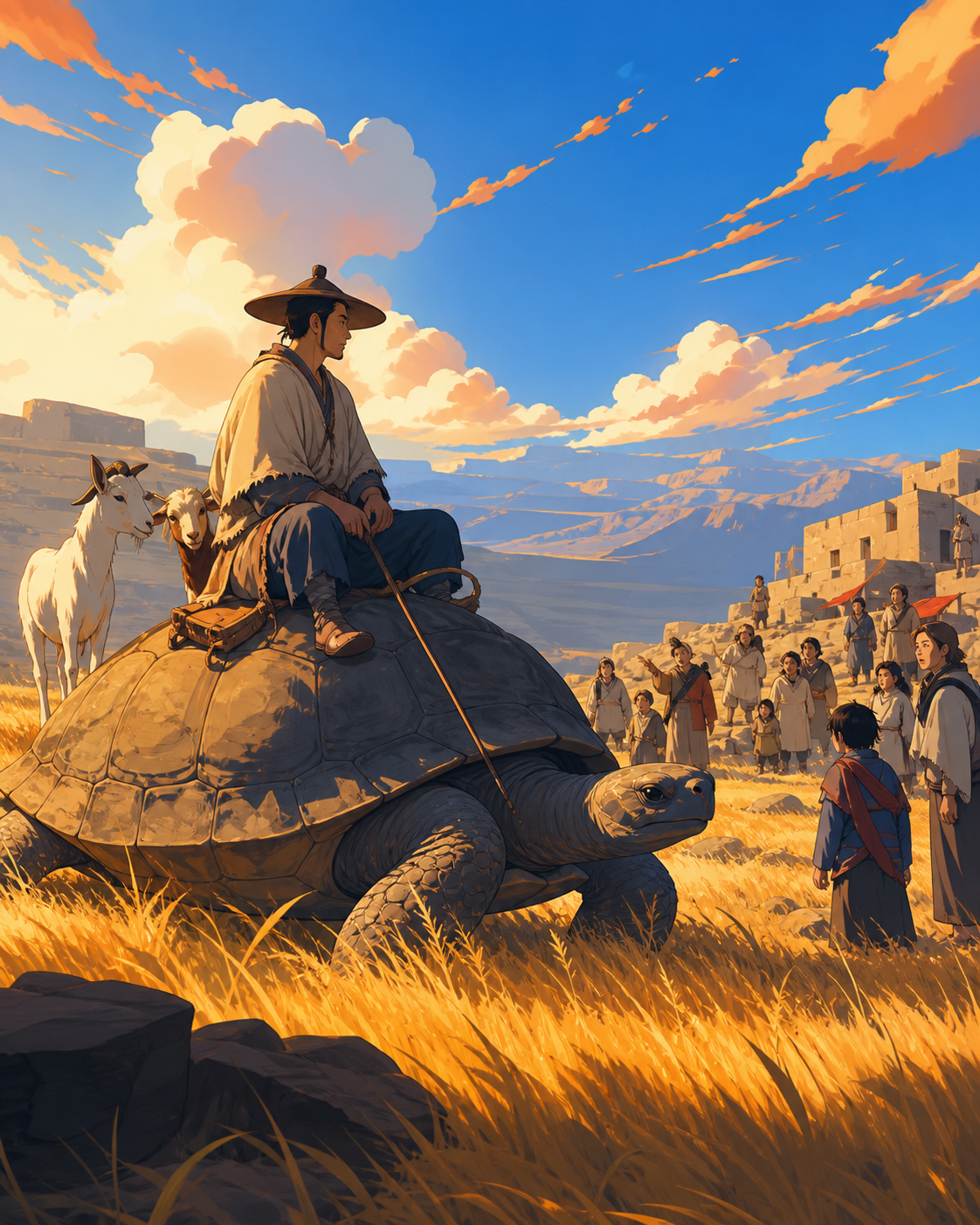 A goat herder crossing high grasslands on the back of a patient stone turtle, when one small natural irregularity becomes a village event. Medium environmental portrait connecting one worker to their craft. Cobalt, persi