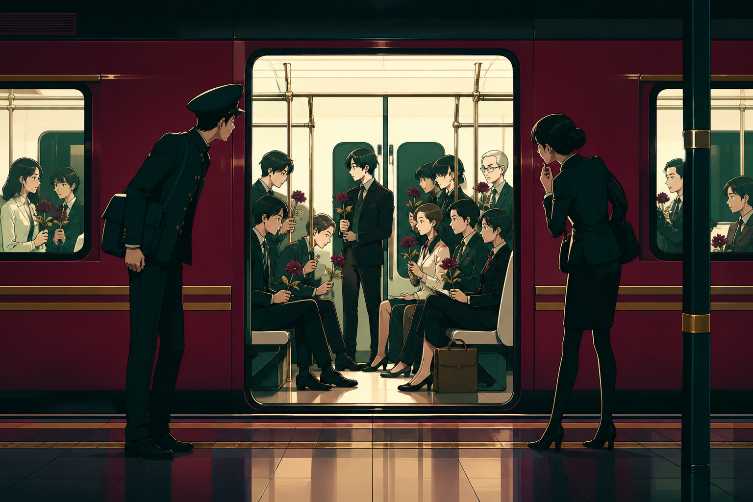 Two adult commuters realizing every passenger has brought the same flower, when one shared observation changes the atmosphere among the passengers. Platform view framing an intimate moment through open vehicle doors. Bur
