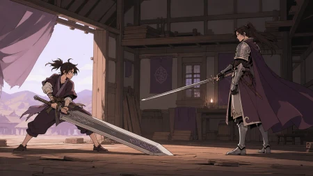 A small village defender using an oversized heirloom blade creatively, at a tense non-gory turning point with both fighters fully readable. Wide cinematic duel frame preserving bot