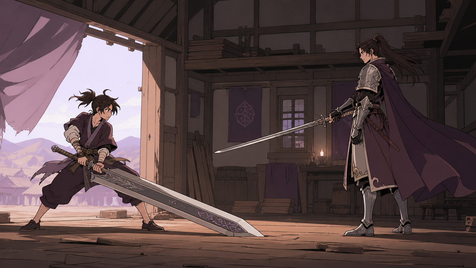 A small village defender using an oversized heirloom blade creatively, at a tense non-gory turning point with both fighters fully readable. Wide cinematic duel frame preserving both full-body silhouettes. Mulberry, tea b