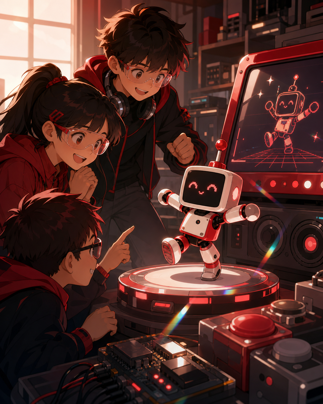 Young coders teaching a tiny arcade mascot to dance, during a focused collaborative test with a clear result. Close collaborative frame with varied reactions around one prototype. Crimson, black cherry, muted bronze, and