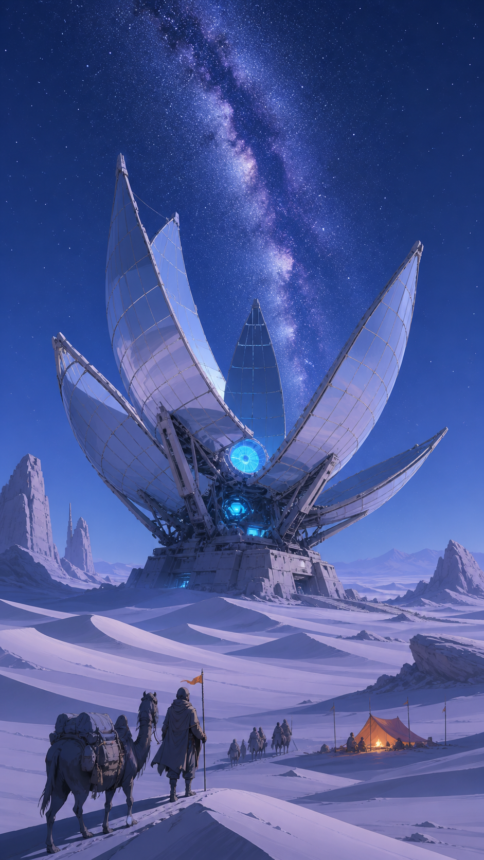 A nomadic observatory opening its mirrored sails beneath the Milky Way, with tiny travelers and camp details emphasizing the monumental landscape. Extreme wide landscape with a small but readable journey crossing it. Pal