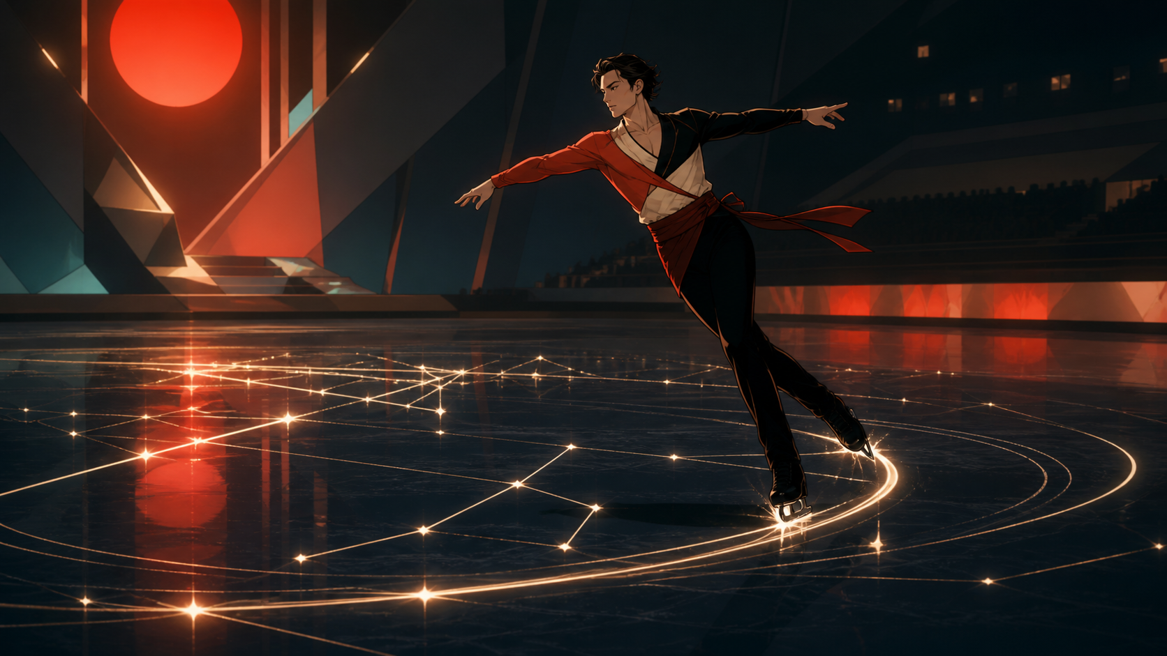 An adult figure skater tracing luminous constellations across black ice, shown as disciplined athletic movement rather than combat spectacle. Long-lens frame compressing competitors and terrain into layered motion. Vermi