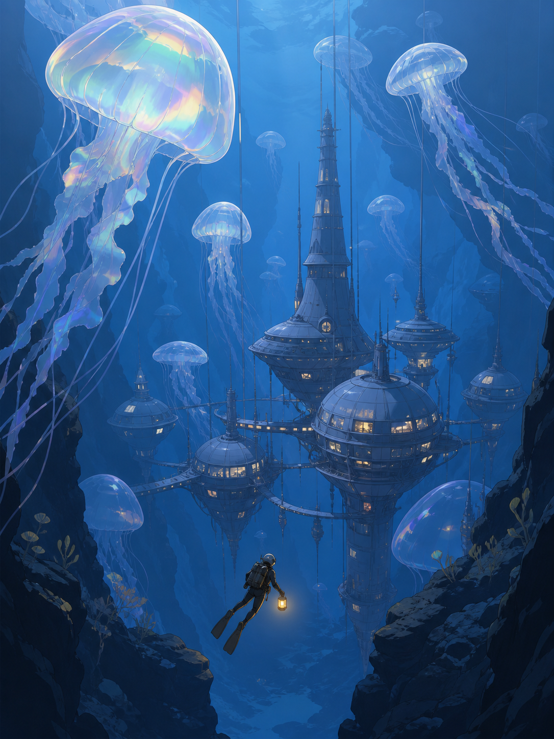 A research village suspended beneath a field of glowing jellyfish, explored by a single tiny diver with a warm lantern. Vertical descent composition with a tiny explorer providing scale. Monochrome graphite with selectiv