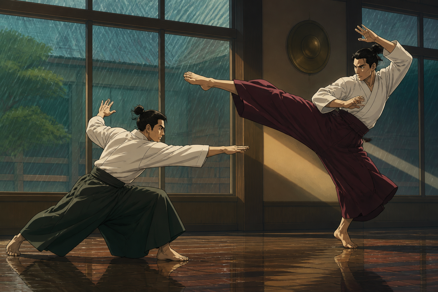 Two martial artists performing a ceremonial exhibition in heavy rain, frozen at the instant of greatest balance and momentum. Bold diagonal action composition with ample space ahead of the movement. Burgundy, midnight gr