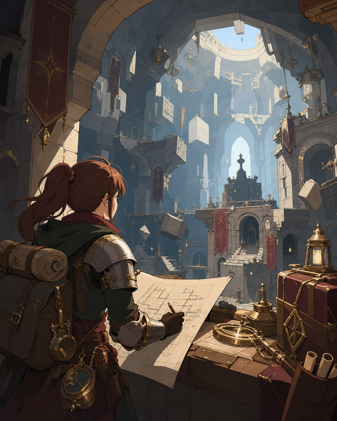 An armored cartographer mapping a dungeon that rearranges itself behind her, at the first reveal of a spectacular unexplored chamber. Over-the-shoulder discovery frame revealing a large navigable space. Burgundy, midnigh