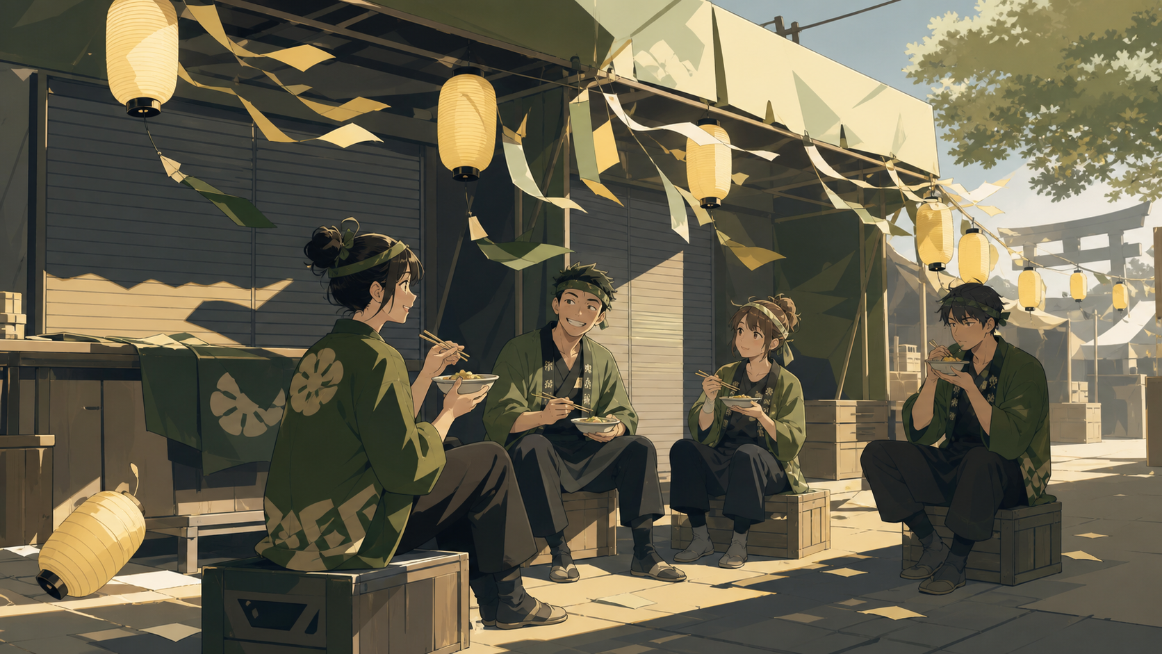 Food-stall workers sharing a quick meal before the busiest hour, as a sudden breeze sends paper decorations moving in unison. Quiet post-festival composition centered on workers and leftover light. Moss green, slate gray