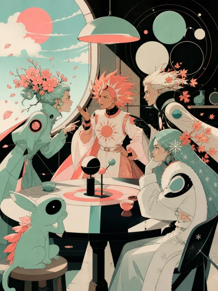 The four seasons arguing around a kitchen table through symbolic forms, expressed as a visually coherent editorial artwork with no written explanation. Bold gallery-poster composit