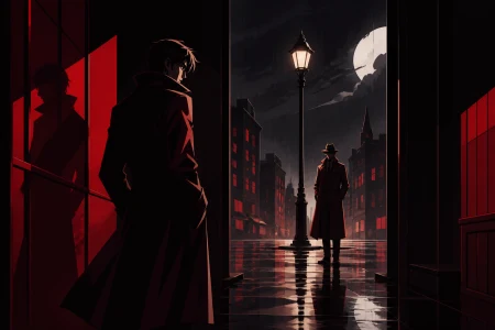 Two rival investigators meeting beneath the last working streetlamp, during a rain-heavy night with no obvious culprit in sight. Cinematic noir frame using doorways and reflected f