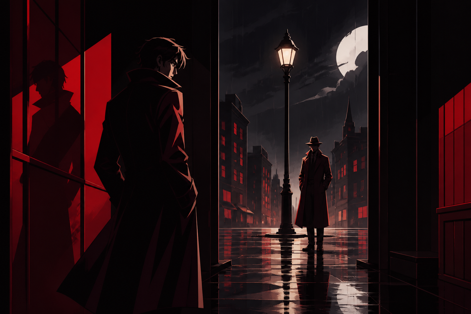 Two rival investigators meeting beneath the last working streetlamp, during a rain-heavy night with no obvious culprit in sight. Cinematic noir frame using doorways and reflected figures to layer the mystery. Crimson, bl