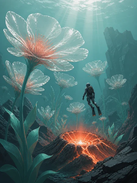 A garden of enormous translucent flowers growing around a warm volcanic vent, during the brief hour when sunlight reaches the seafloor. Vertical descent composition with a tiny exp