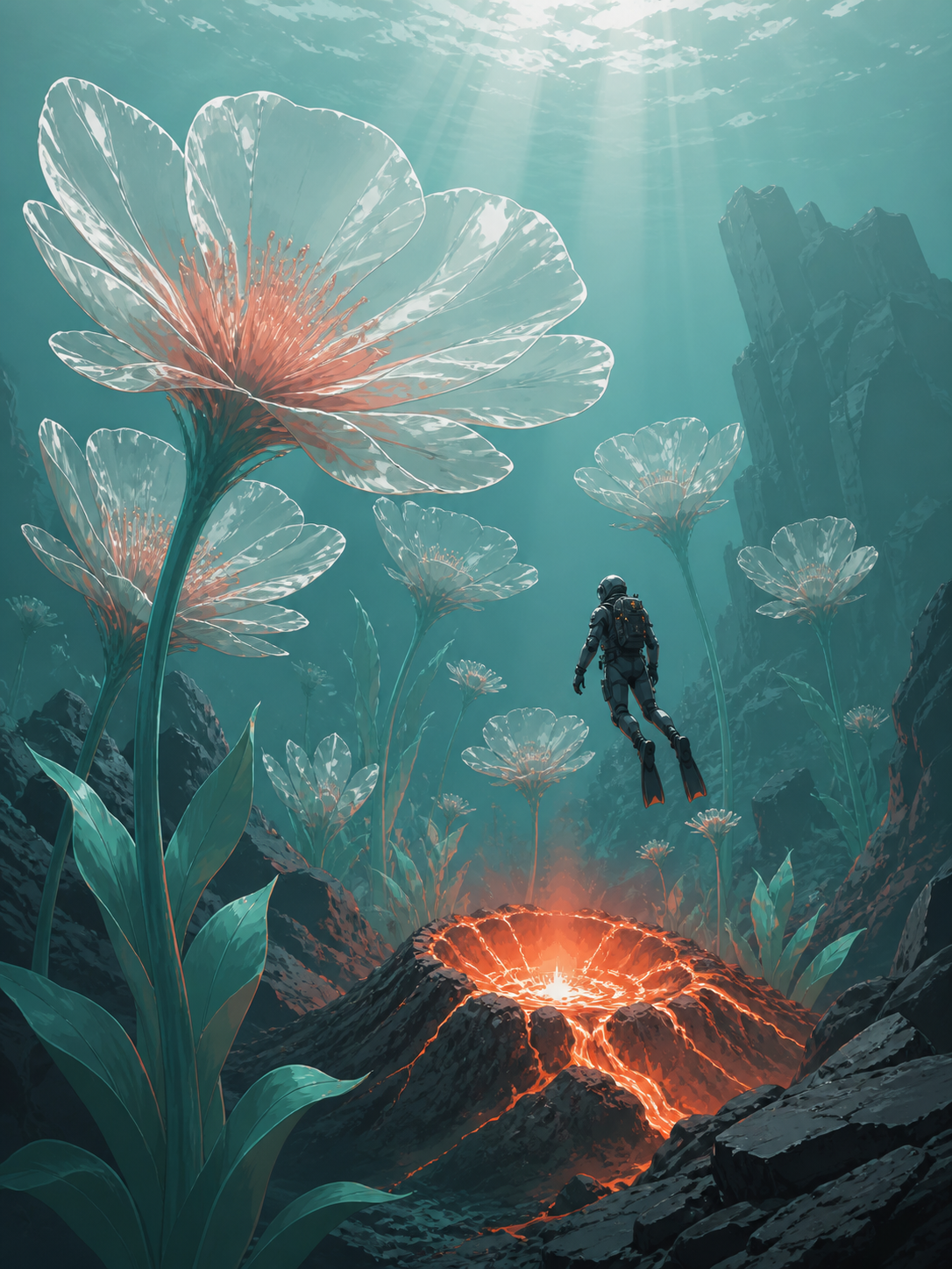 A garden of enormous translucent flowers growing around a warm volcanic vent, during the brief hour when sunlight reaches the seafloor. Vertical descent composition with a tiny explorer providing scale. Sea-glass green, 